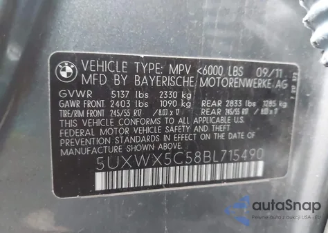 2011 BMW X3 xDrive28I z USA, uszkodzony, nr VIN 5UXWX5C58BL715490